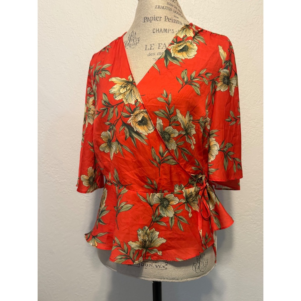 Ava & Aiden Red Floral Wrap Blouse Peplum Top V-Neck Side Tie Medium